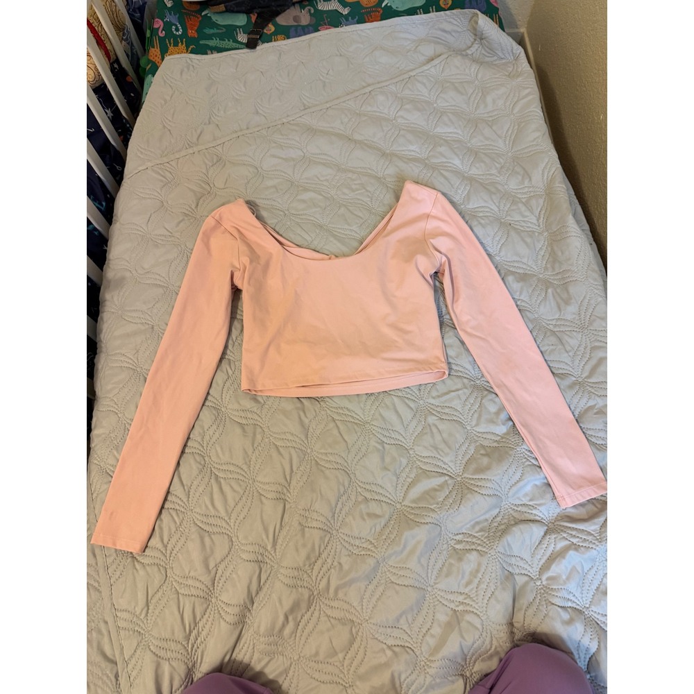 Kimberly C Long Sleeve Open Back Active Crop Top Pink Square Neck‎ Size L
